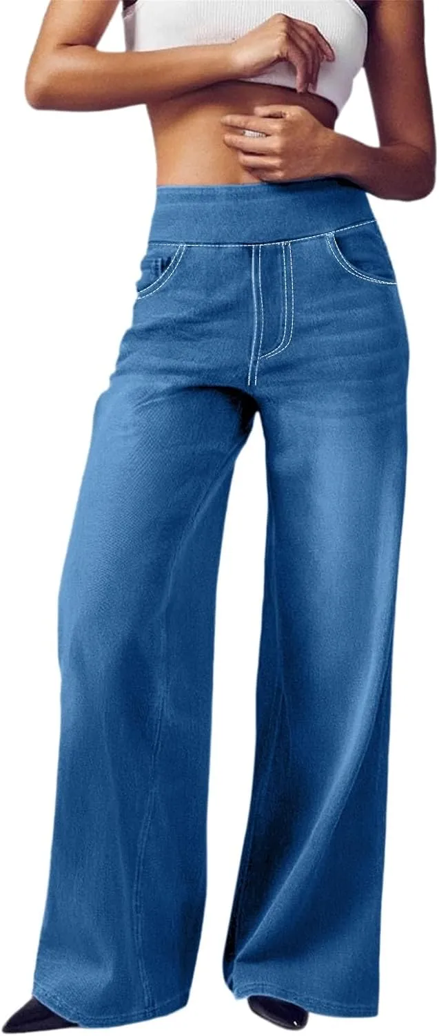 Women Sweatpant Jeans,Sweatpants That Look Like Jeans,High Waisted Stretchy Pull On Wide Leg Denim Pants with Pockets