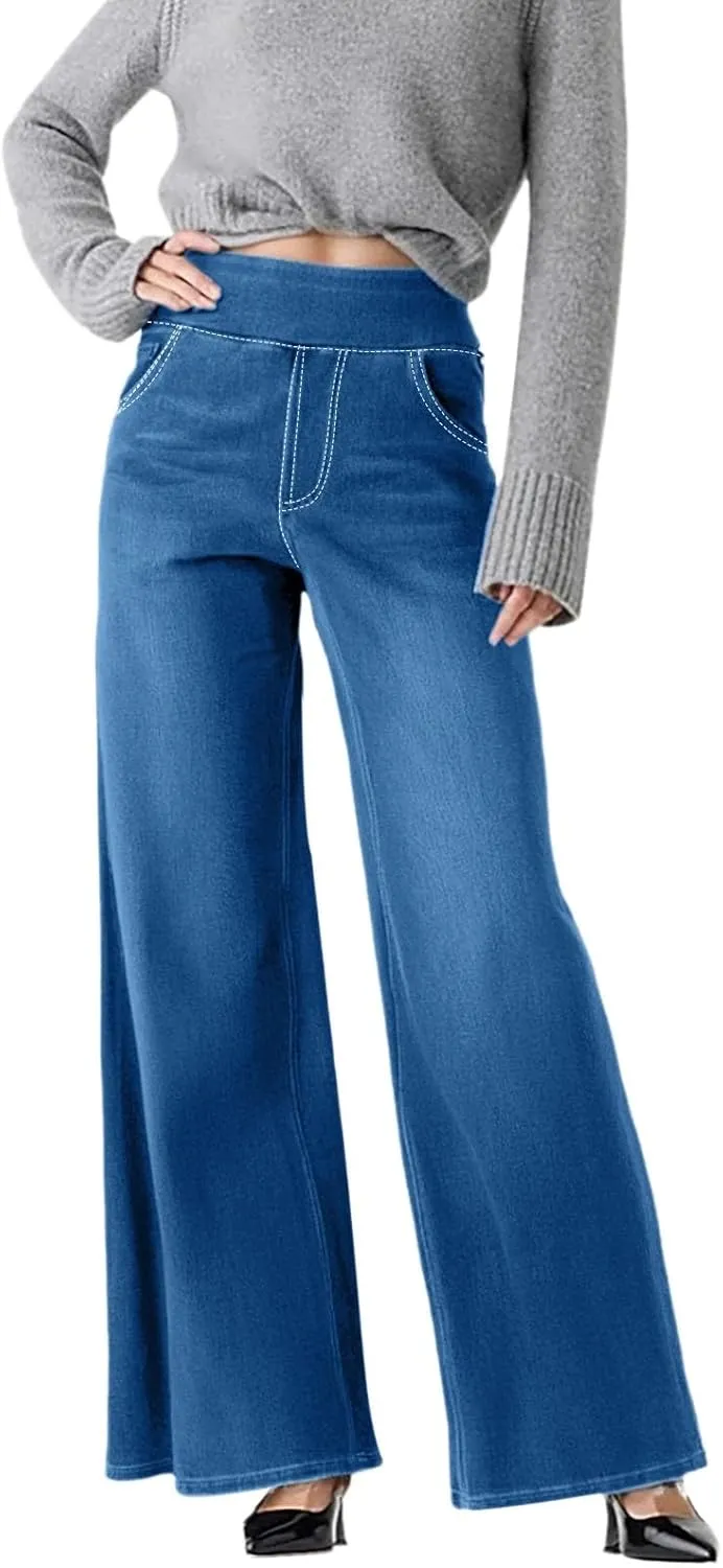 Women Sweatpant Jeans,Sweatpants That Look Like Jeans,High Waisted Stretchy Pull On Wide Leg Denim Pants with Pockets