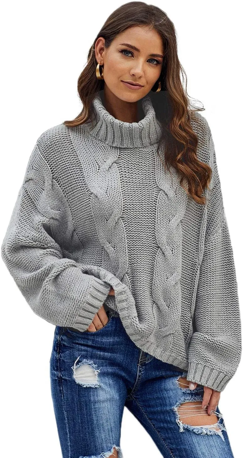 Women Winter Solid Color Turtleneck Sweaters Long Sleeve Oversized Pullover Loose Knit Jumper Top