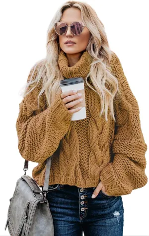Women Winter Solid Color Turtleneck Sweaters Long Sleeve Oversized Pullover Loose Knit Jumper Top