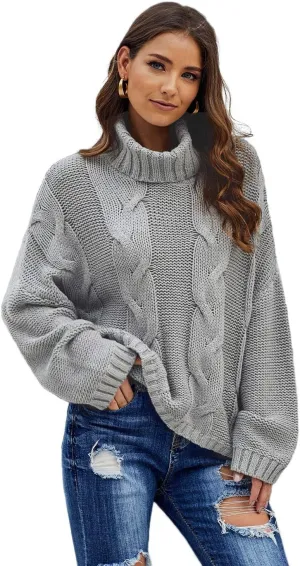 Women Winter Solid Color Turtleneck Sweaters Long Sleeve Oversized Pullover Loose Knit Jumper Top