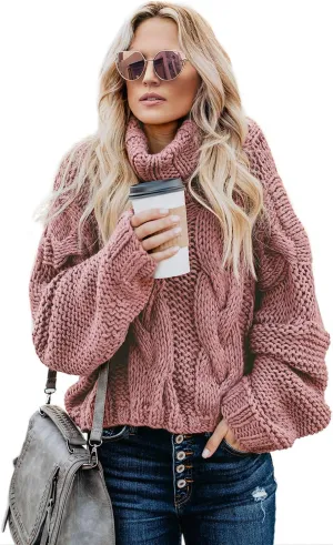 Women Winter Solid Color Turtleneck Sweaters Long Sleeve Oversized Pullover Loose Knit Jumper Top