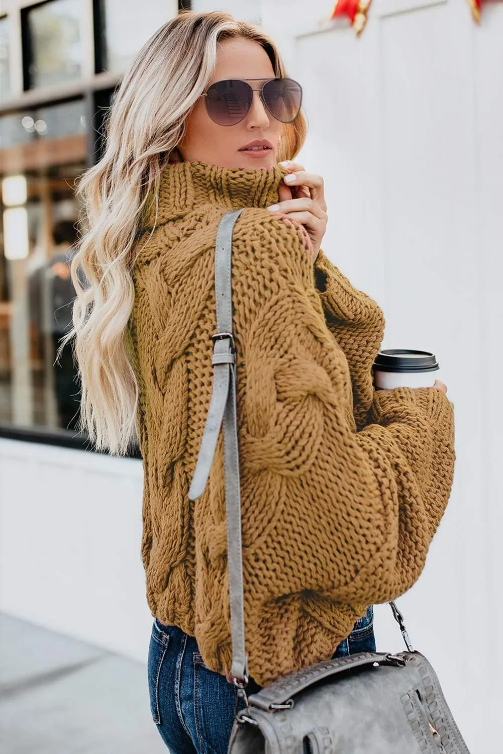Women Winter Solid Color Turtleneck Sweaters Long Sleeve Oversized Pullover Loose Knit Jumper Top