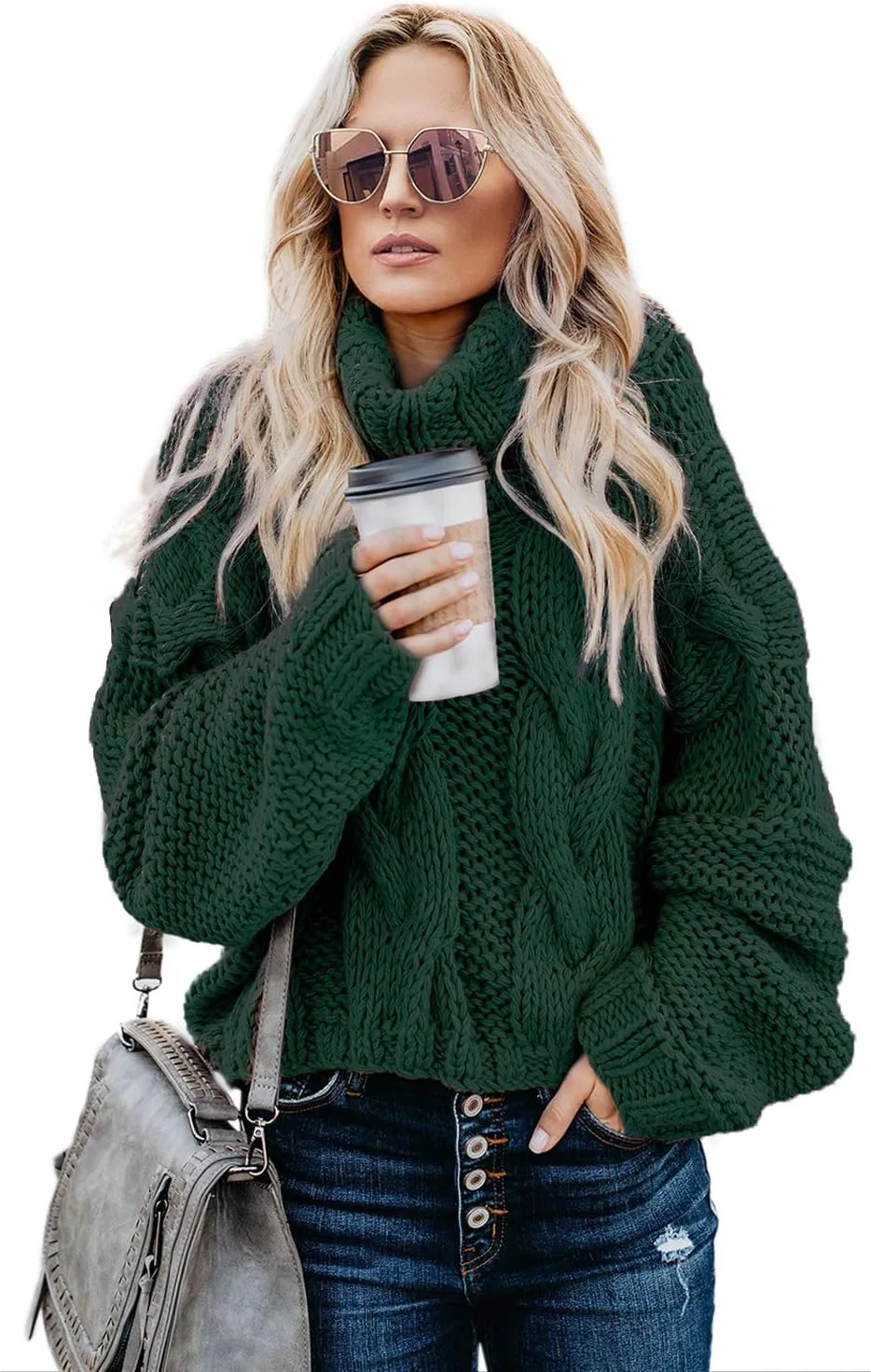 Women Winter Solid Color Turtleneck Sweaters Long Sleeve Oversized Pullover Loose Knit Jumper Top
