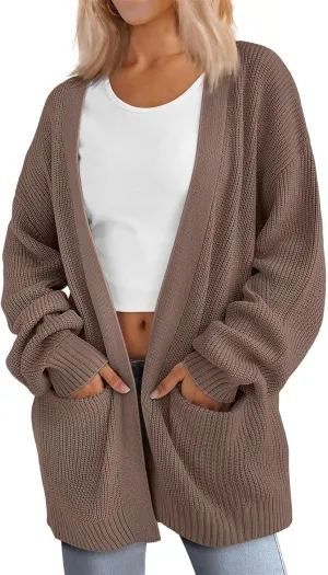 Womens 2024 Casual Fall Long Sleeve Open Front Waffle Knit Draped Cozy Cardigan Sweaters Outerwear with Pockets