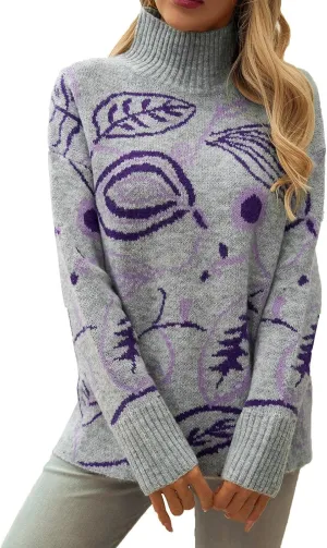Women's 2024 Fall Sweaters Fashion Turtleneck Long Sleeve Sweater Floral Ribbed Knit Loose Pullover Sweater Tops