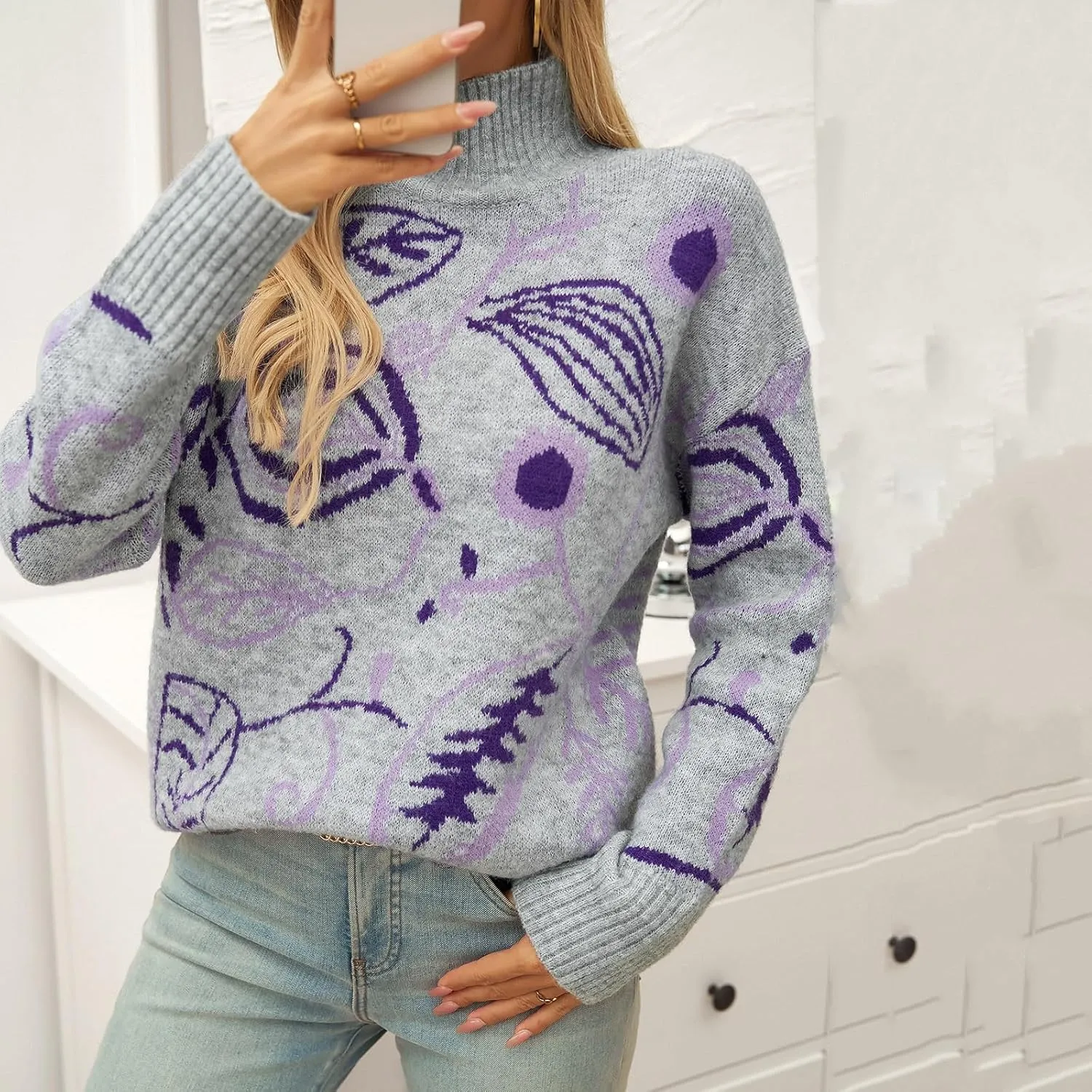 Women's 2024 Fall Sweaters Fashion Turtleneck Long Sleeve Sweater Floral Ribbed Knit Loose Pullover Sweater Tops