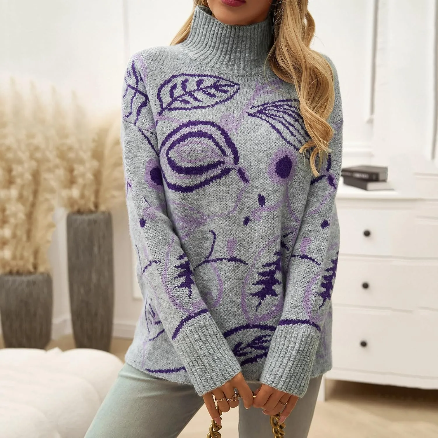 Women's 2024 Fall Sweaters Fashion Turtleneck Long Sleeve Sweater Floral Ribbed Knit Loose Pullover Sweater Tops