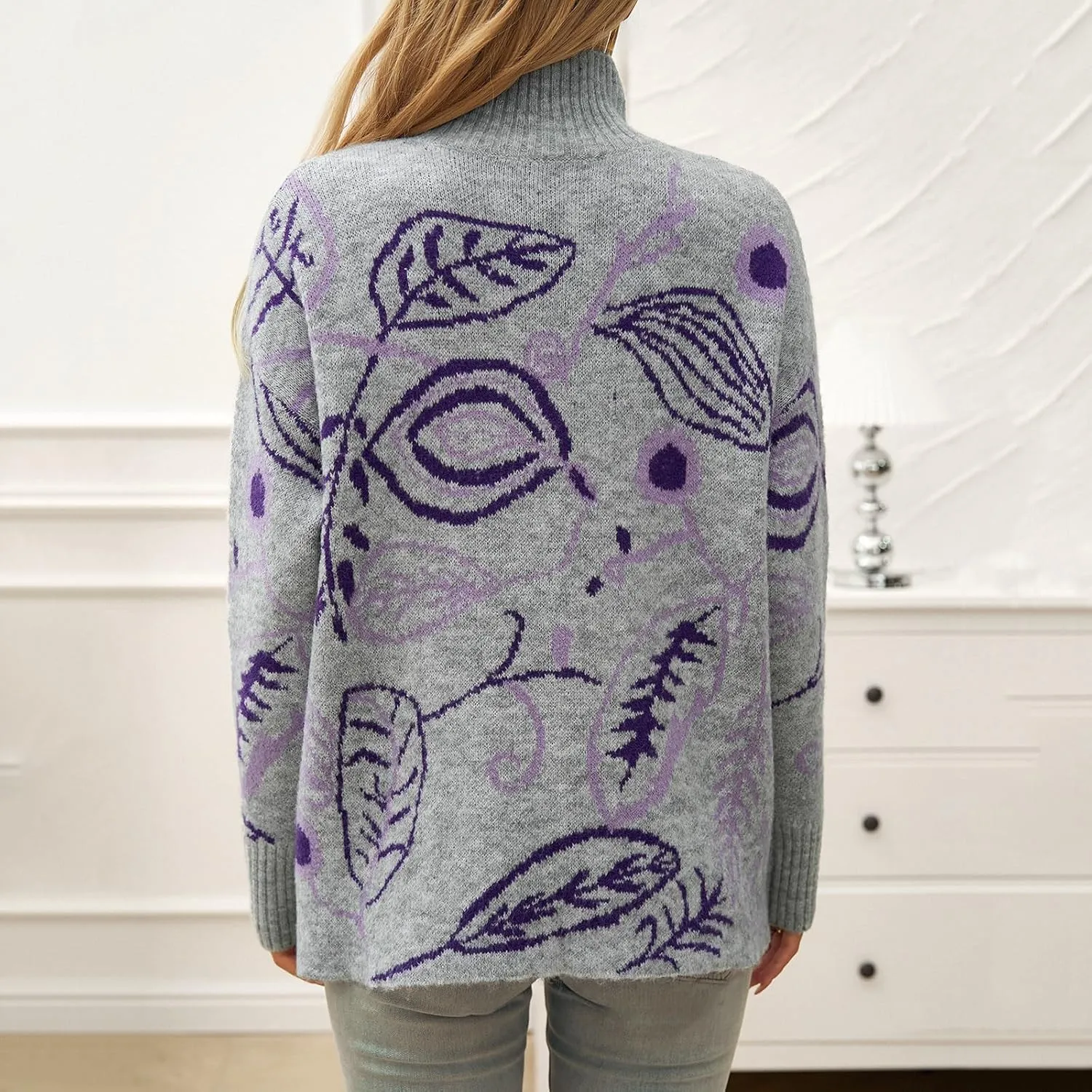 Women's 2024 Fall Sweaters Fashion Turtleneck Long Sleeve Sweater Floral Ribbed Knit Loose Pullover Sweater Tops
