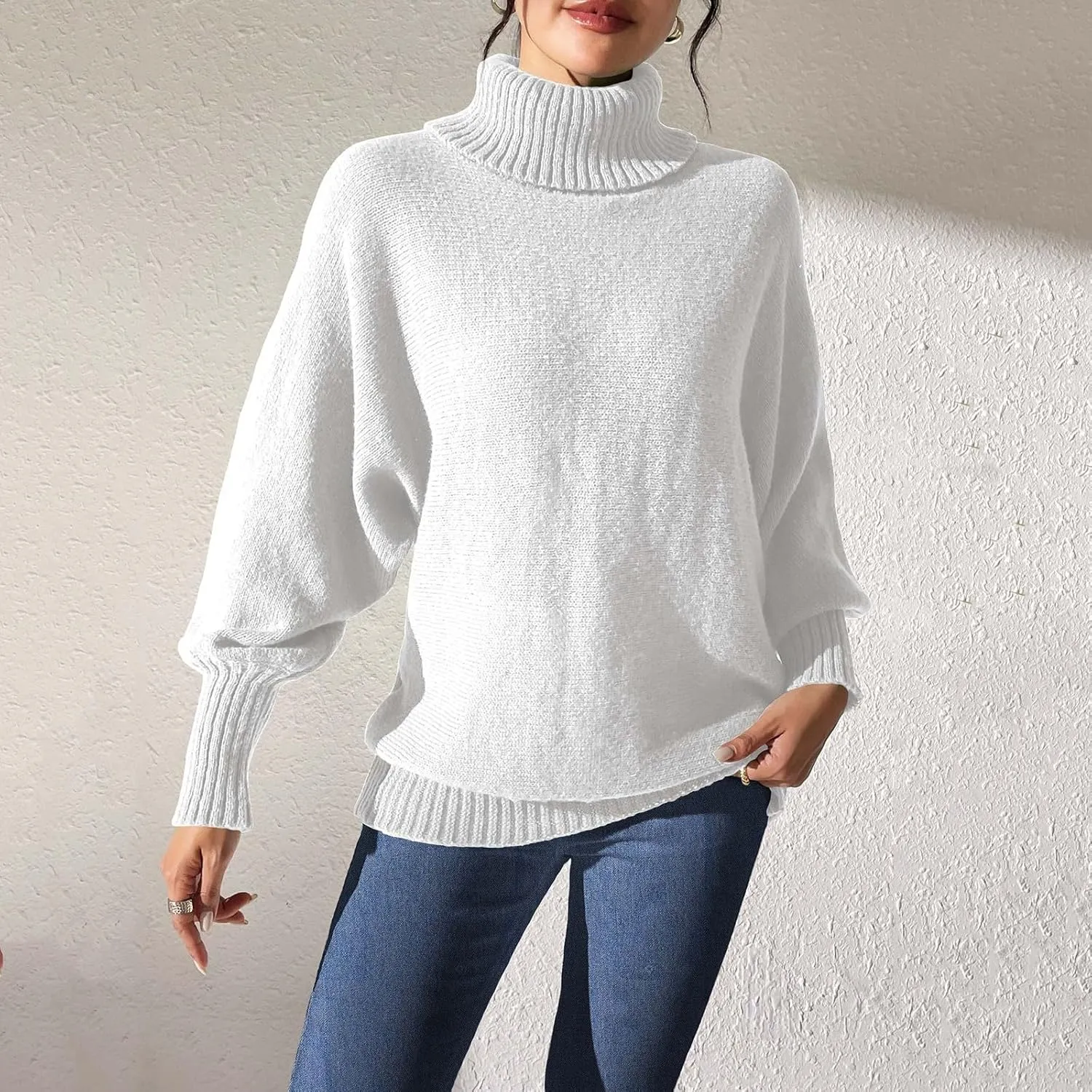 Women's 2024 Fall Turtleneck Batwing Long Sleeve Pullover Sweater Ribbed Knit Casual Soft Oversized Jumper Tops