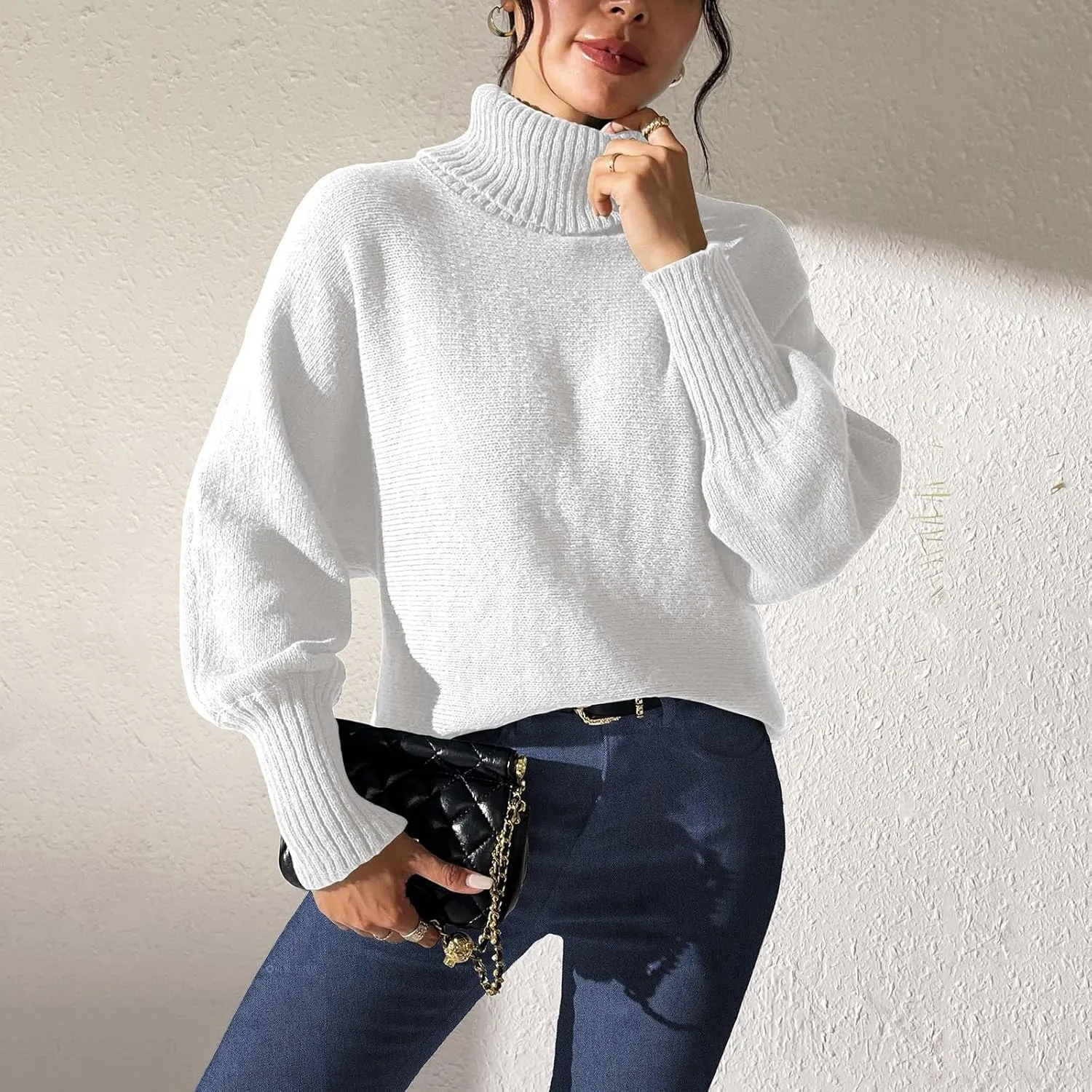 Women's 2024 Fall Turtleneck Batwing Long Sleeve Pullover Sweater Ribbed Knit Casual Soft Oversized Jumper Tops