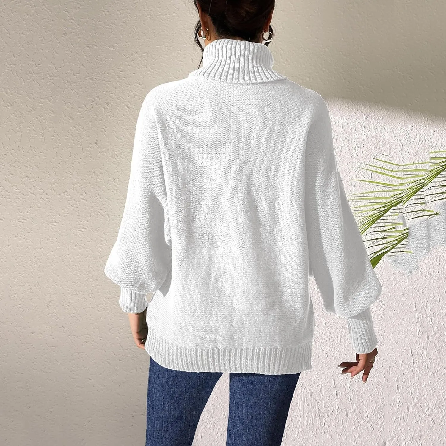 Women's 2024 Fall Turtleneck Batwing Long Sleeve Pullover Sweater Ribbed Knit Casual Soft Oversized Jumper Tops