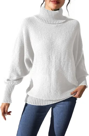 Women's 2024 Fall Turtleneck Batwing Long Sleeve Pullover Sweater Ribbed Knit Casual Soft Oversized Jumper Tops