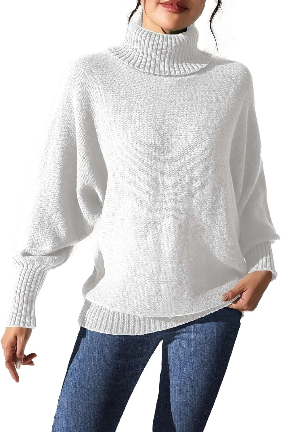 Women's 2024 Fall Turtleneck Batwing Long Sleeve Pullover Sweater Ribbed Knit Casual Soft Oversized Jumper Tops