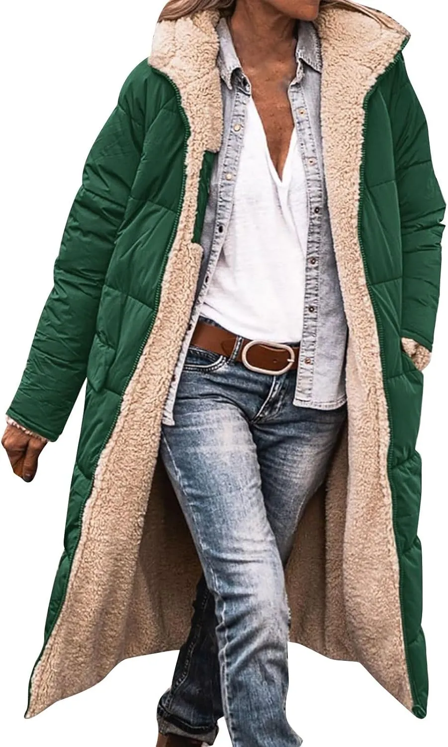 Women's 2024 Winter Fashion Shearling Fleece Long Coats Jackets Clothes Sherpa Padded Down Jackets Full Zip