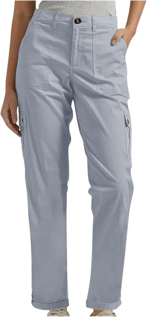 Women's Baggy Cargo Pants Elastic Waist Long Pants with Pockets Button Flat Front Straight Leg Casual Work Trousers