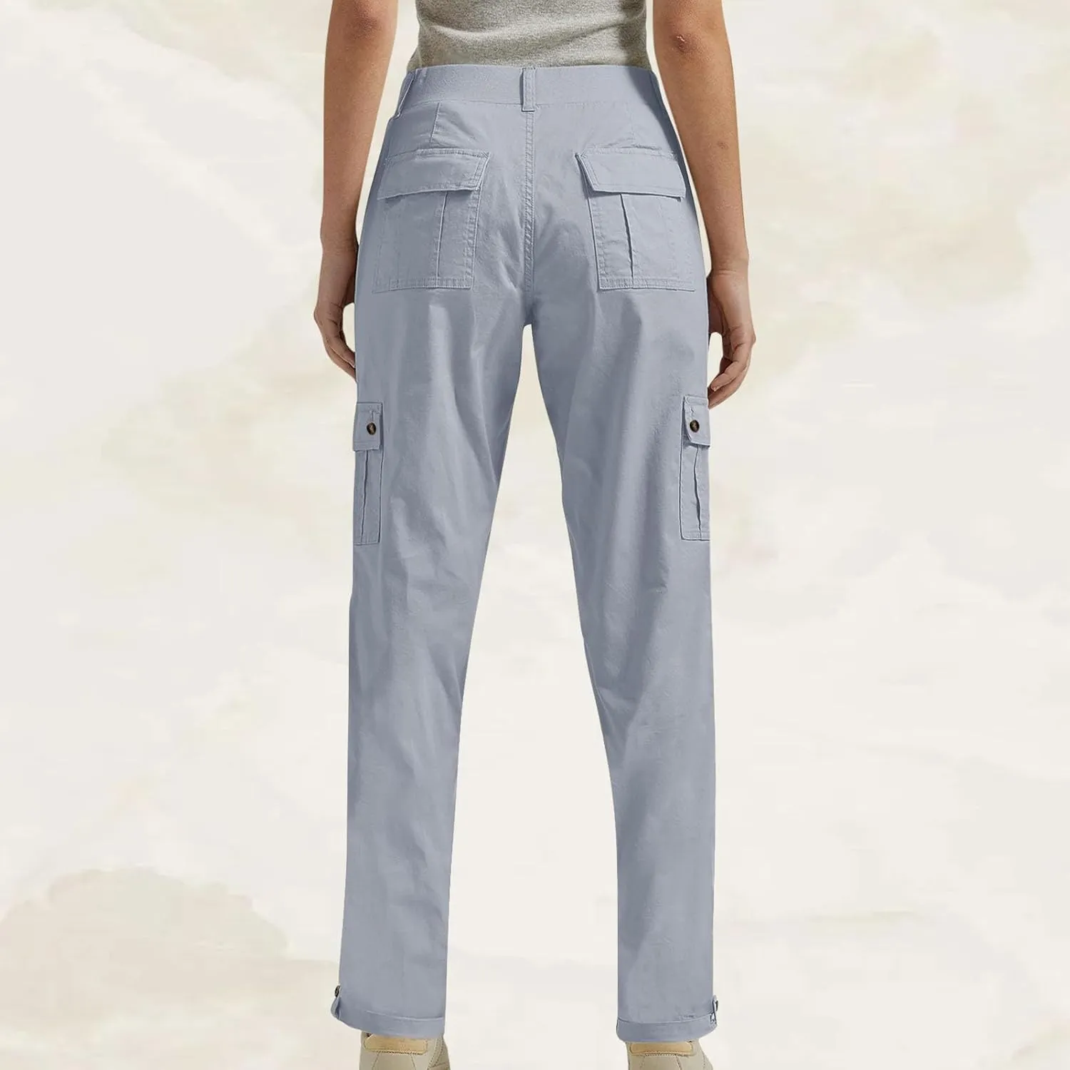 Women's Baggy Cargo Pants Elastic Waist Long Pants with Pockets Button Flat Front Straight Leg Casual Work Trousers