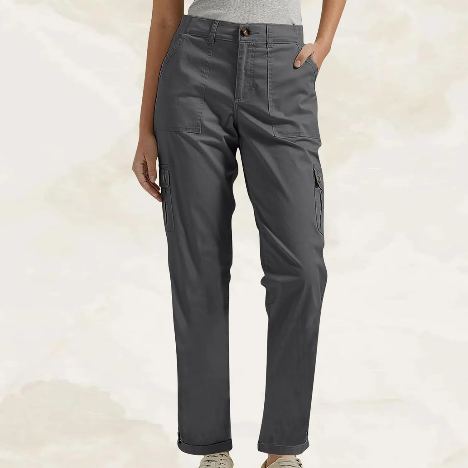 Women's Baggy Cargo Pants Elastic Waist Long Pants with Pockets Button Flat Front Straight Leg Casual Work Trousers