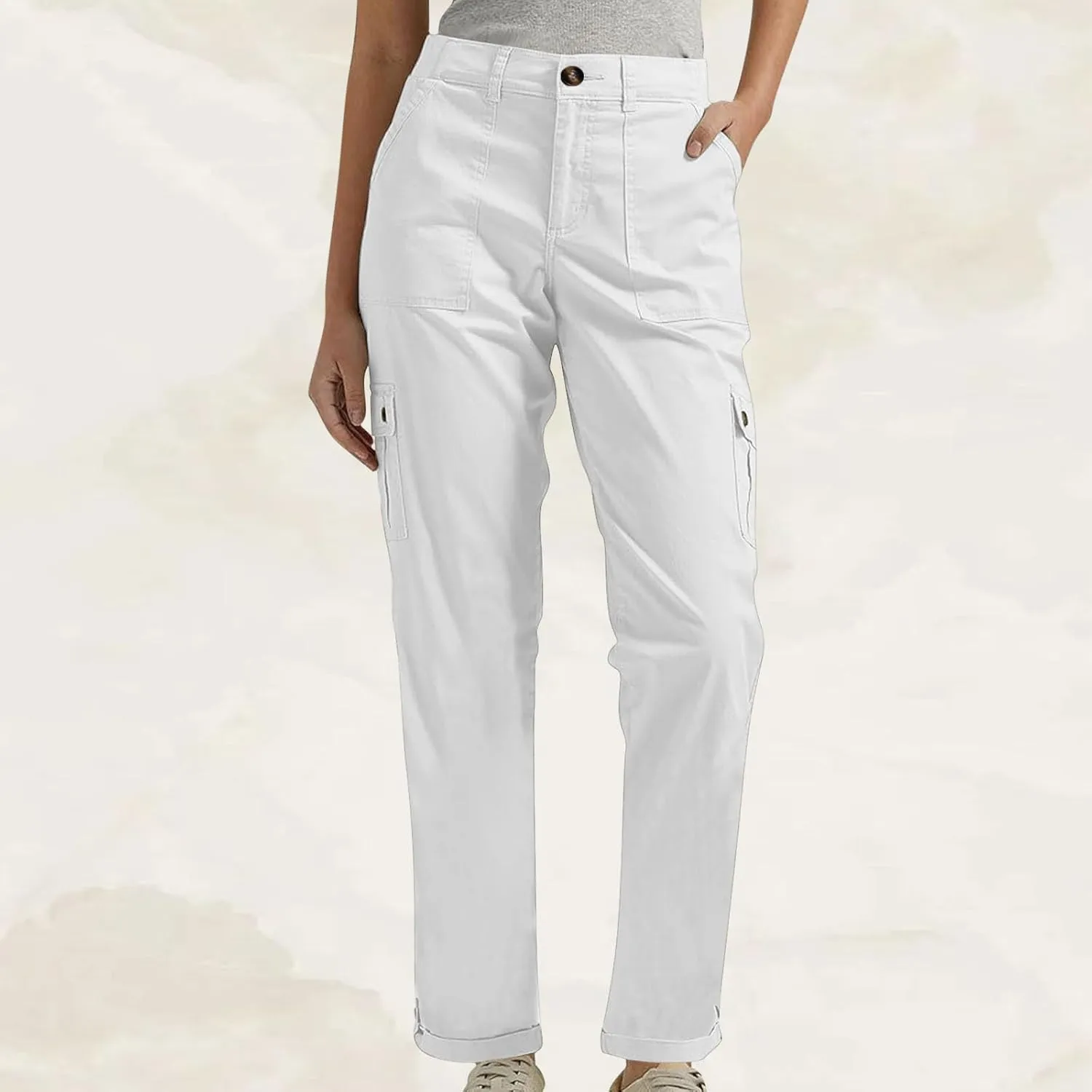 Women's Baggy Cargo Pants Elastic Waist Long Pants with Pockets Button Flat Front Straight Leg Casual Work Trousers