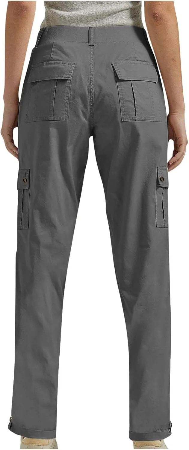 Women's Baggy Cargo Pants Elastic Waist Long Pants with Pockets Button Flat Front Straight Leg Casual Work Trousers