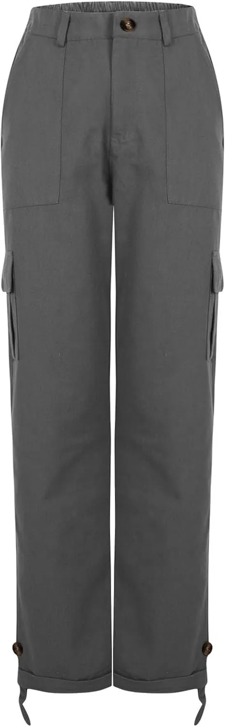 Women's Baggy Cargo Pants Elastic Waist Long Pants with Pockets Button Flat Front Straight Leg Casual Work Trousers