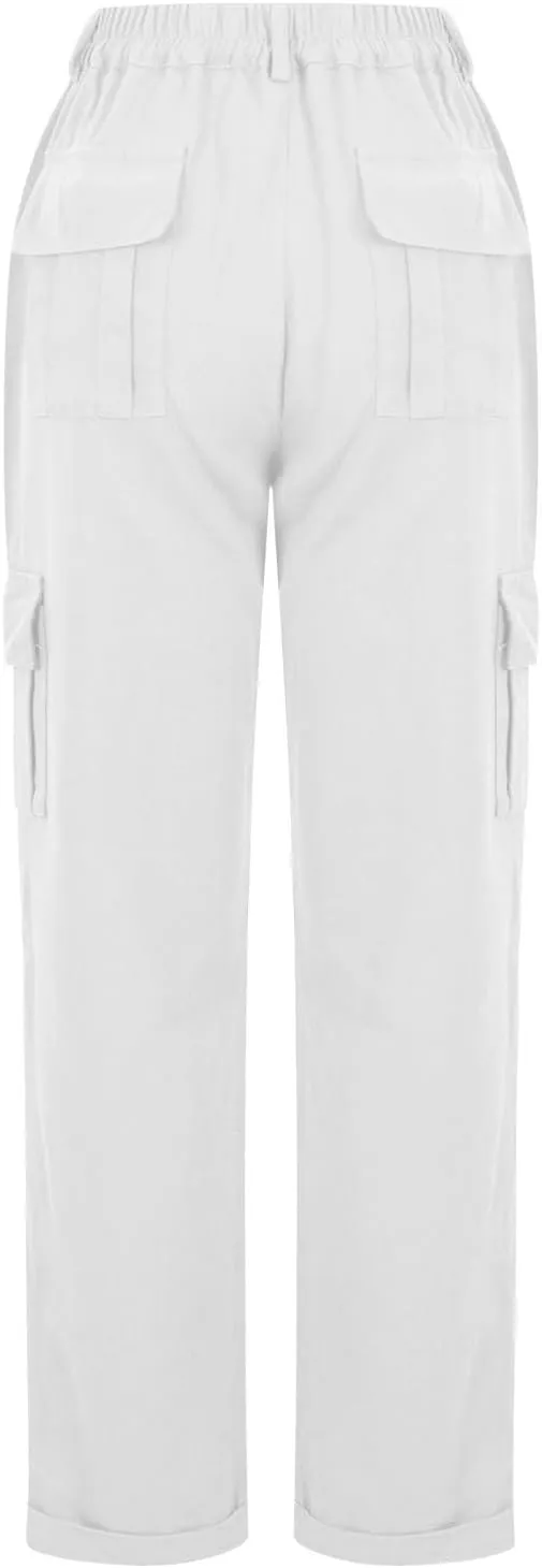 Women's Baggy Cargo Pants Elastic Waist Long Pants with Pockets Button Flat Front Straight Leg Casual Work Trousers