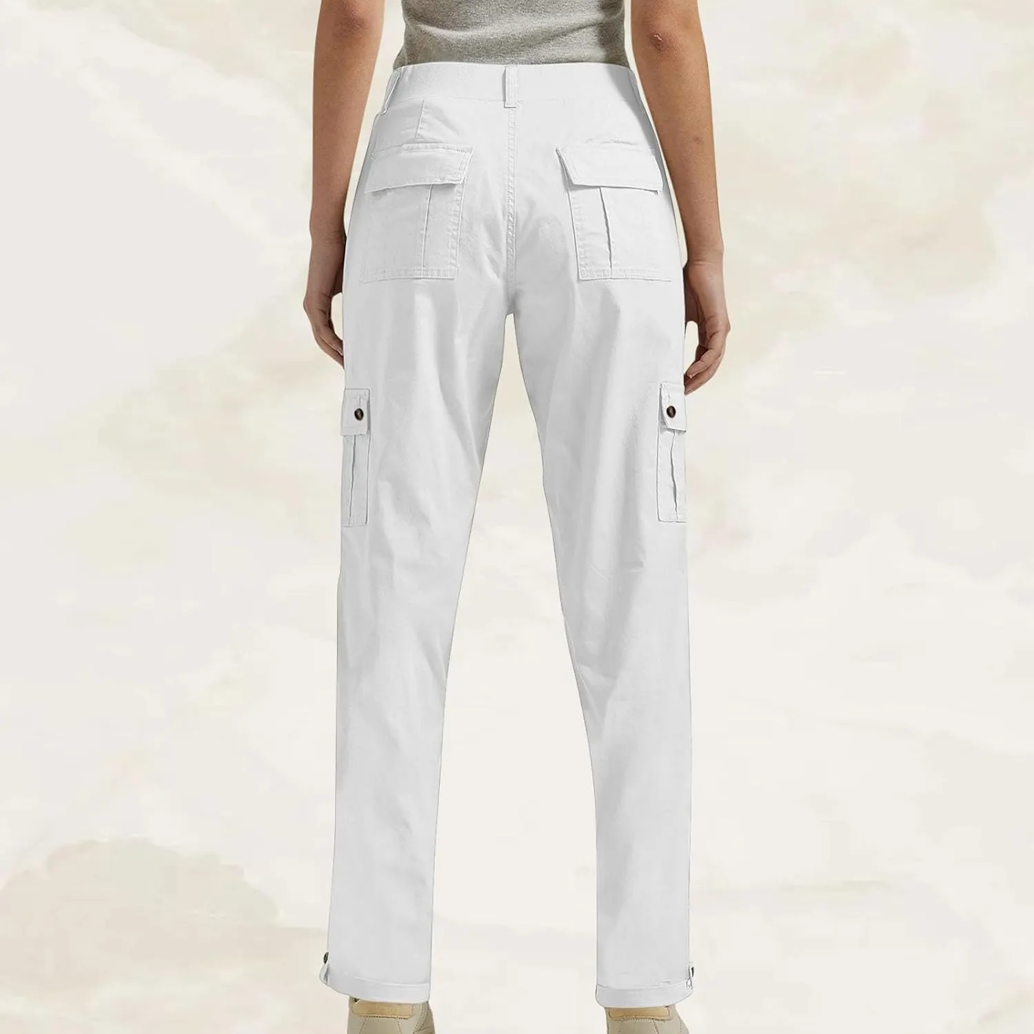 Women's Baggy Cargo Pants Elastic Waist Long Pants with Pockets Button Flat Front Straight Leg Casual Work Trousers
