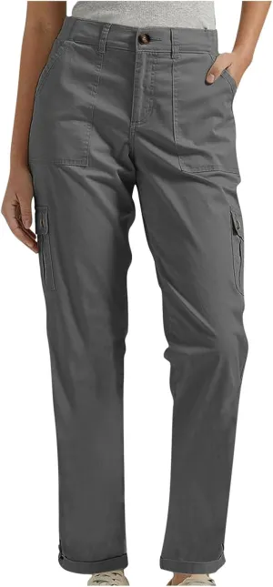 Women's Baggy Cargo Pants Elastic Waist Long Pants with Pockets Button Flat Front Straight Leg Casual Work Trousers