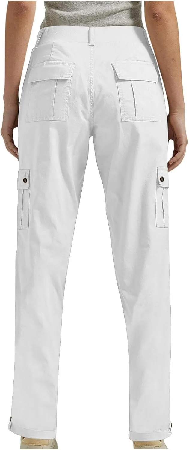 Women's Baggy Cargo Pants Elastic Waist Long Pants with Pockets Button Flat Front Straight Leg Casual Work Trousers