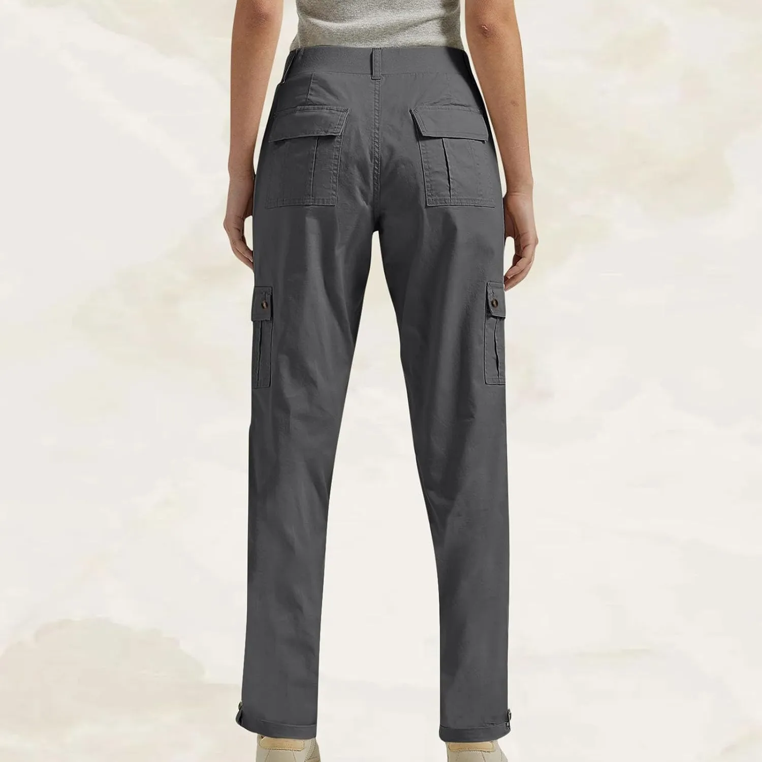 Women's Baggy Cargo Pants Elastic Waist Long Pants with Pockets Button Flat Front Straight Leg Casual Work Trousers