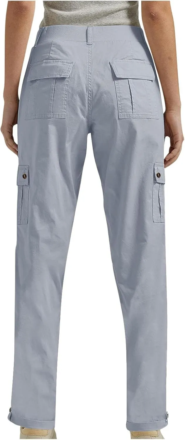 Women's Baggy Cargo Pants Elastic Waist Long Pants with Pockets Button Flat Front Straight Leg Casual Work Trousers