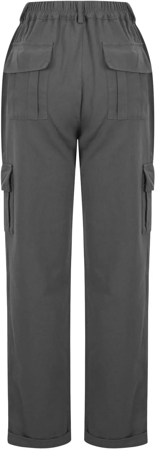Women's Baggy Cargo Pants Elastic Waist Long Pants with Pockets Button Flat Front Straight Leg Casual Work Trousers
