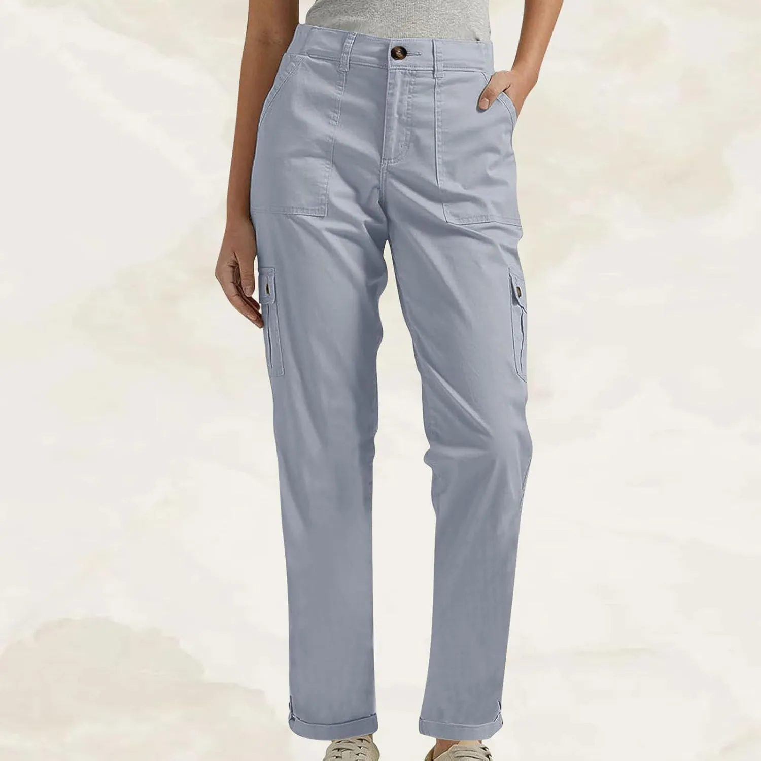 Women's Baggy Cargo Pants Elastic Waist Long Pants with Pockets Button Flat Front Straight Leg Casual Work Trousers