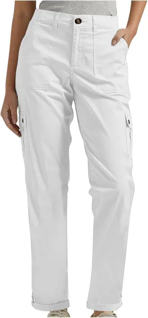 Women's Baggy Cargo Pants Elastic Waist Long Pants with Pockets Button Flat Front Straight Leg Casual Work Trousers