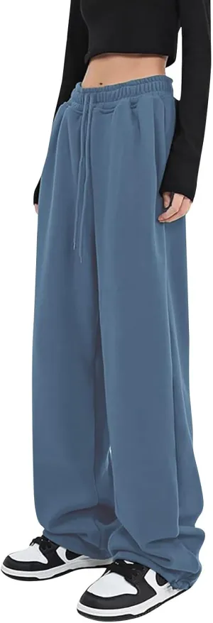 Women's Baggy Wide Leg Sweatpants Fleece Lined Joggers with Pockets Comfy Workout Elastic Waist Jogging Pants