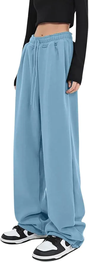 Women's Baggy Wide Leg Sweatpants Fleece Lined Joggers with Pockets Comfy Workout Elastic Waist Jogging Pants