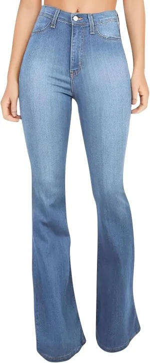 Womens Bell Bottom Jeans Wide Leg Slimming Flare Jeans High Waisted Bootcut Pockets Dress Pants Tummy Control