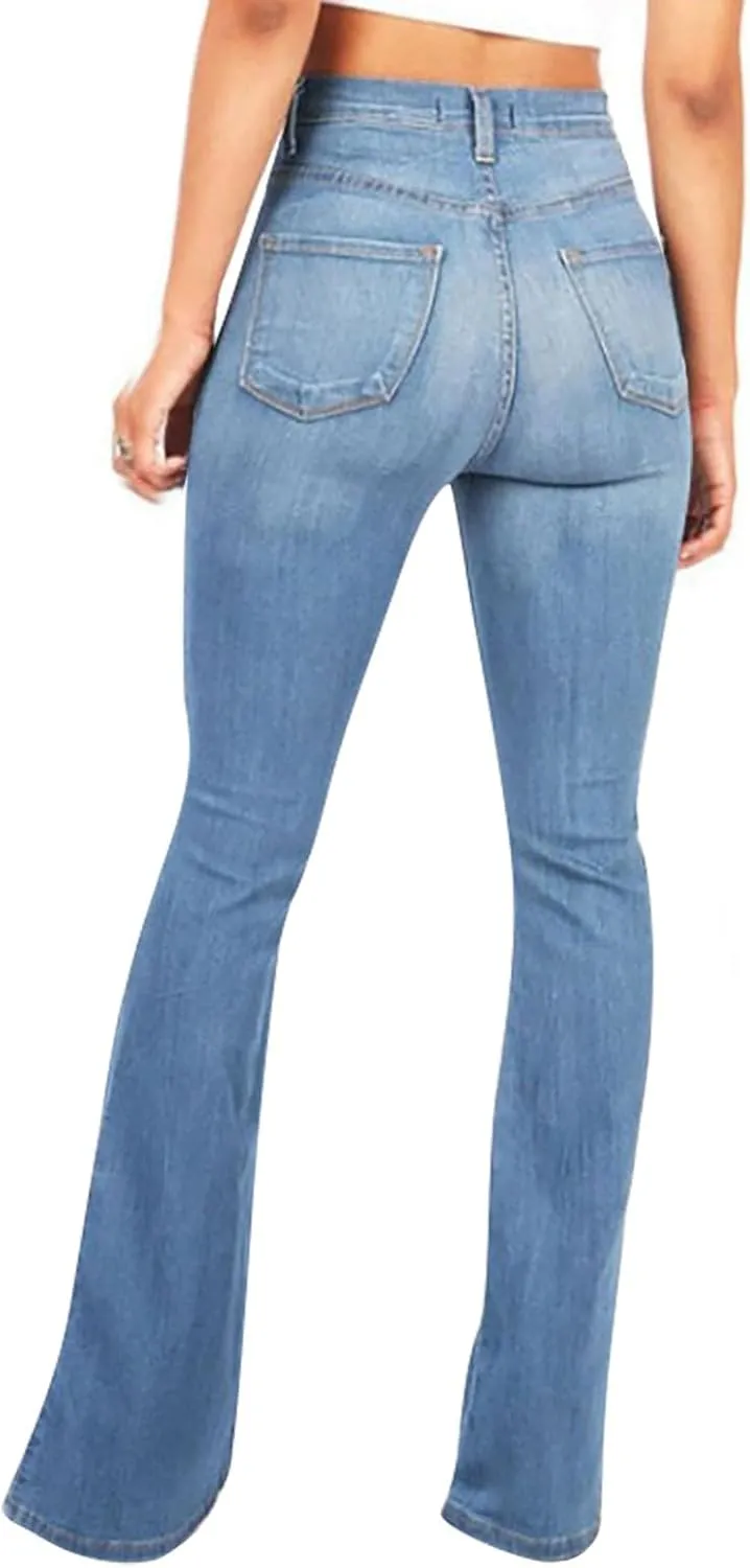 Womens Bell Bottom Jeans Wide Leg Slimming Flare Jeans High Waisted Bootcut Pockets Dress Pants Tummy Control