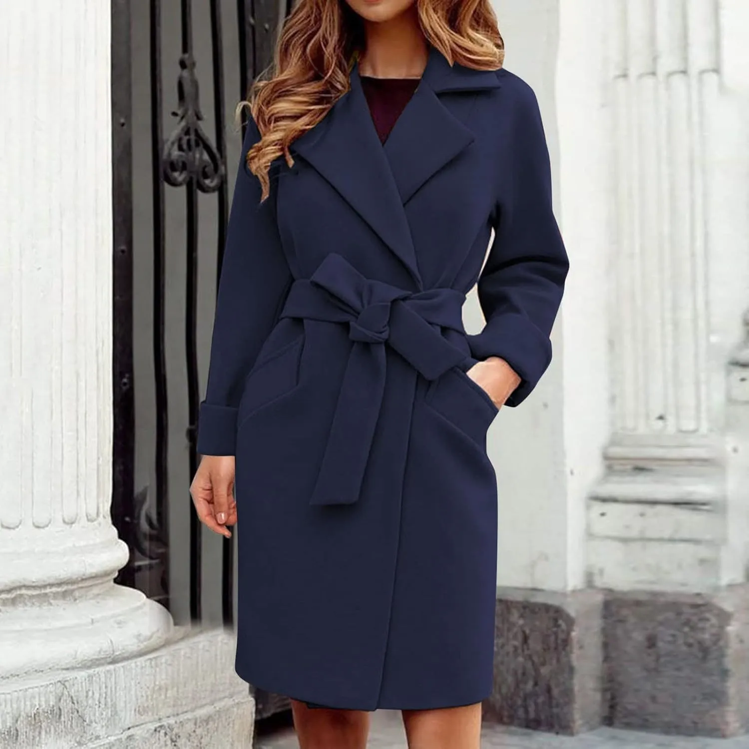 Women's Big Notch Lapel Single Breasted Mid-Long Wool Blend Coat Wool Coat