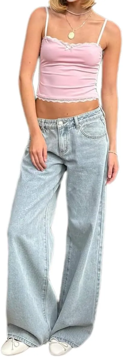 Women's Bow Embroidered Jeans High Waist Straight Leg Baggy Denim Pants Casual Y2k Trousers with Pockets
