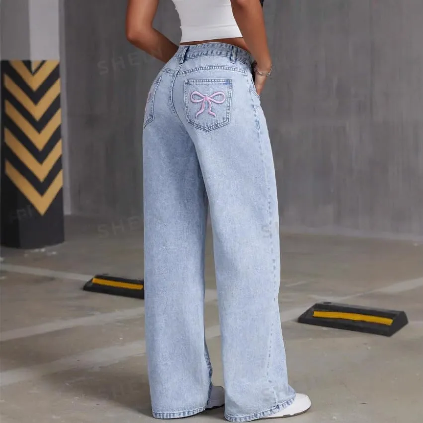 Women's Bow Embroidered Jeans High Waist Straight Leg Baggy Denim Pants Casual Y2k Trousers with Pockets