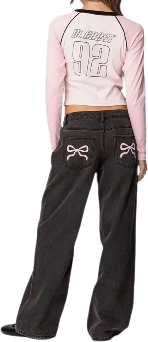Women's Bow Embroidered Jeans High Waist Straight Leg Baggy Denim Pants Casual Y2k Trousers with Pockets