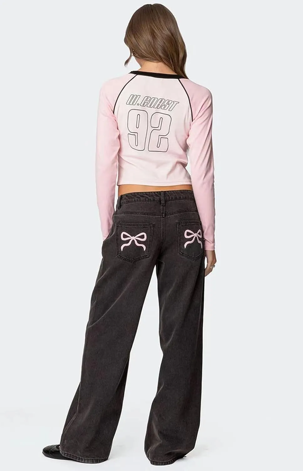 Women's Bow Embroidered Jeans High Waist Straight Leg Baggy Denim Pants Casual Y2k Trousers with Pockets