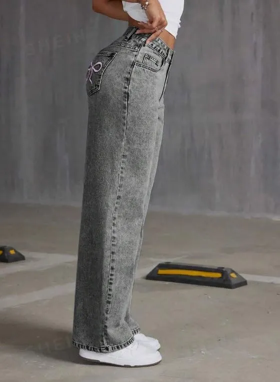 Women's Bow Embroidered Jeans High Waist Straight Leg Baggy Denim Pants Casual Y2k Trousers with Pockets