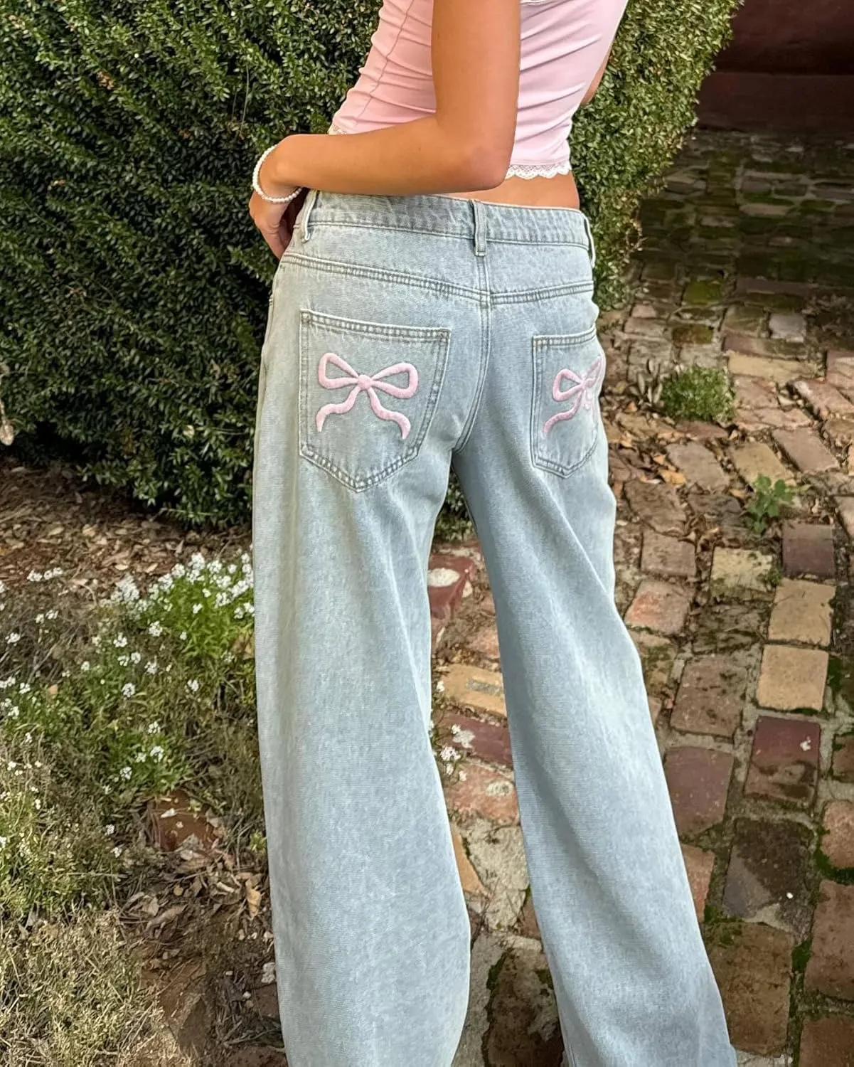 Women's Bow Embroidered Jeans High Waist Straight Leg Baggy Denim Pants Casual Y2k Trousers with Pockets