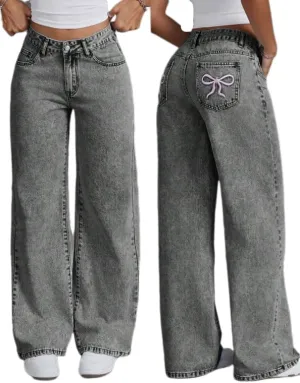 Women's Bow Embroidered Jeans High Waist Straight Leg Baggy Denim Pants Casual Y2k Trousers with Pockets