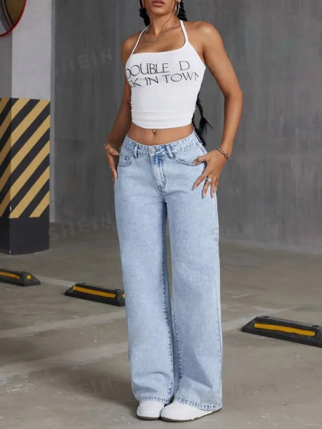 Women's Bow Embroidered Jeans High Waist Straight Leg Baggy Denim Pants Casual Y2k Trousers with Pockets