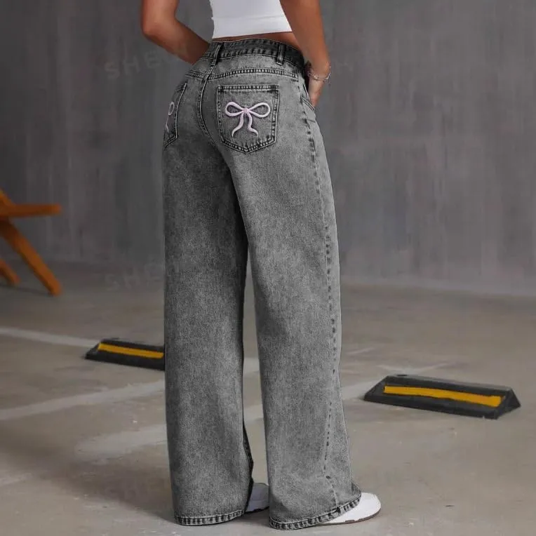 Women's Bow Embroidered Jeans High Waist Straight Leg Baggy Denim Pants Casual Y2k Trousers with Pockets