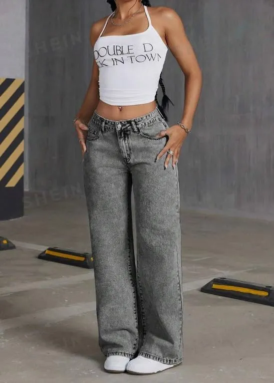Women's Bow Embroidered Jeans High Waist Straight Leg Baggy Denim Pants Casual Y2k Trousers with Pockets