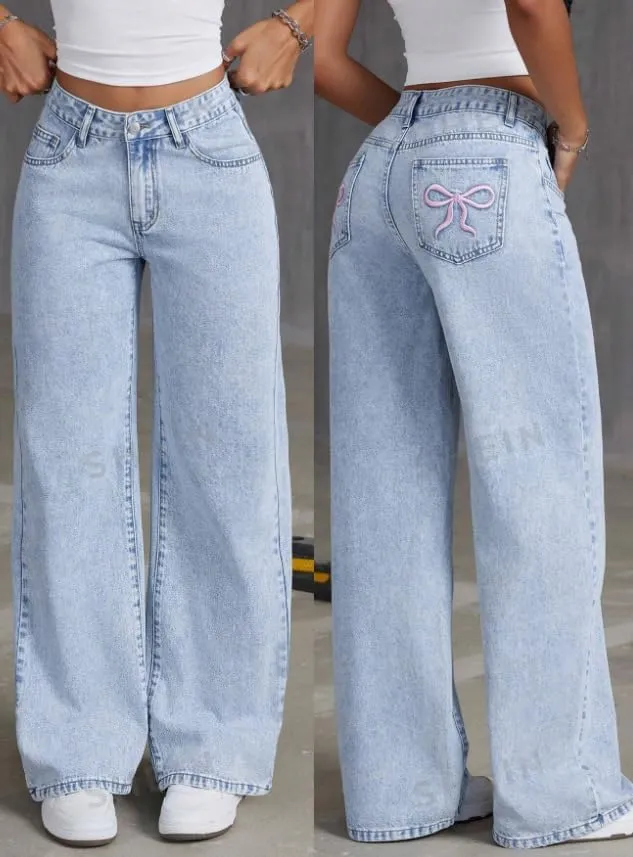 Women's Bow Embroidered Jeans High Waist Straight Leg Baggy Denim Pants Casual Y2k Trousers with Pockets